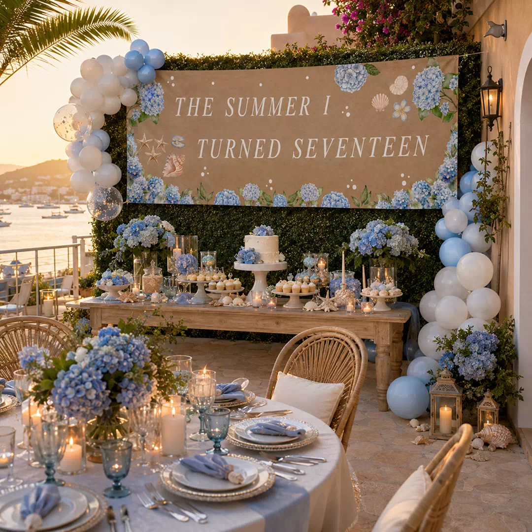 Blue Floral Seventeenth Birthday Banner