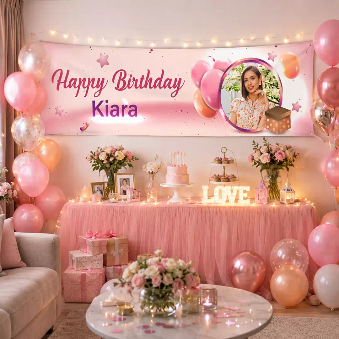 Pink Floral Photo Birthday Banner