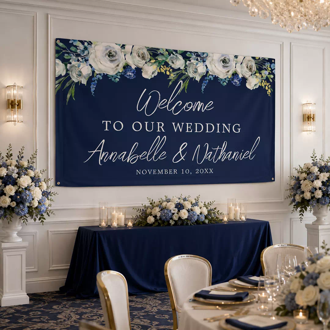 Navy Blue Floral Wedding Welcome Banner - Image 2