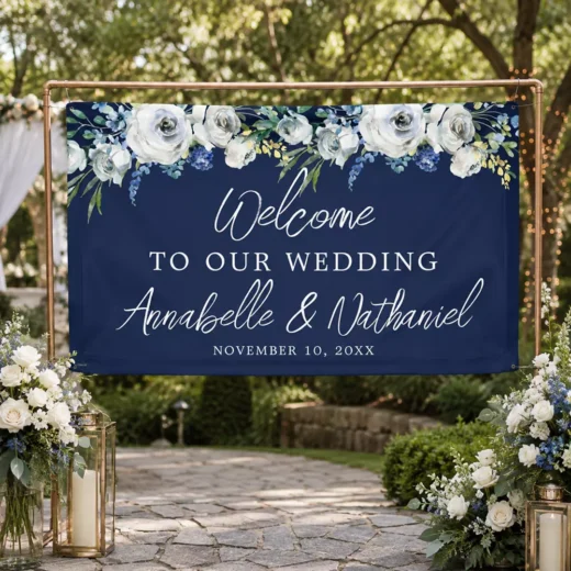 Navy Blue Floral Wedding Welcome Banner