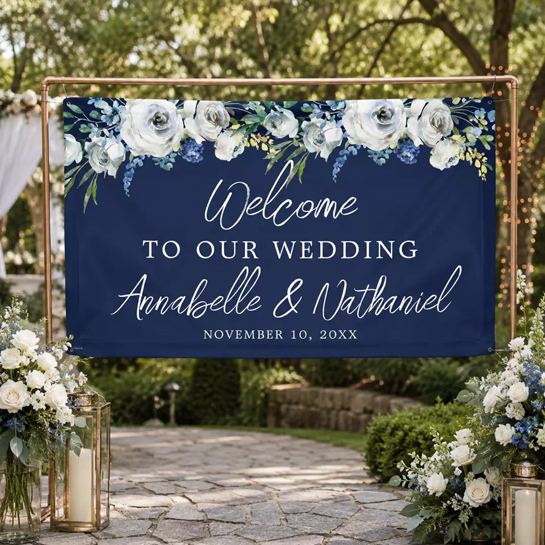Navy Blue Floral Wedding Welcome Banner