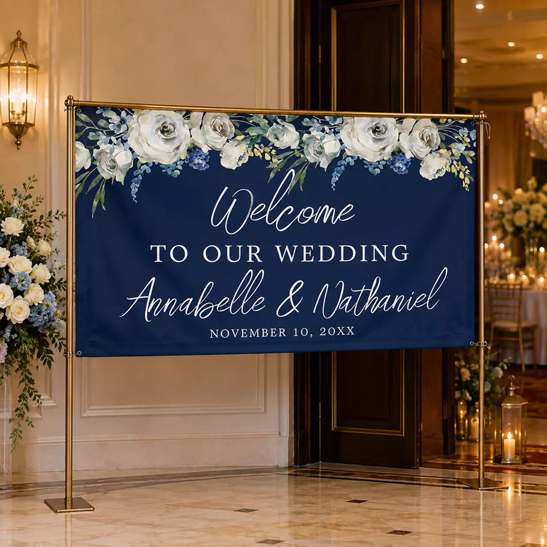 Navy Blue Floral Wedding Welcome Banner - Image 4
