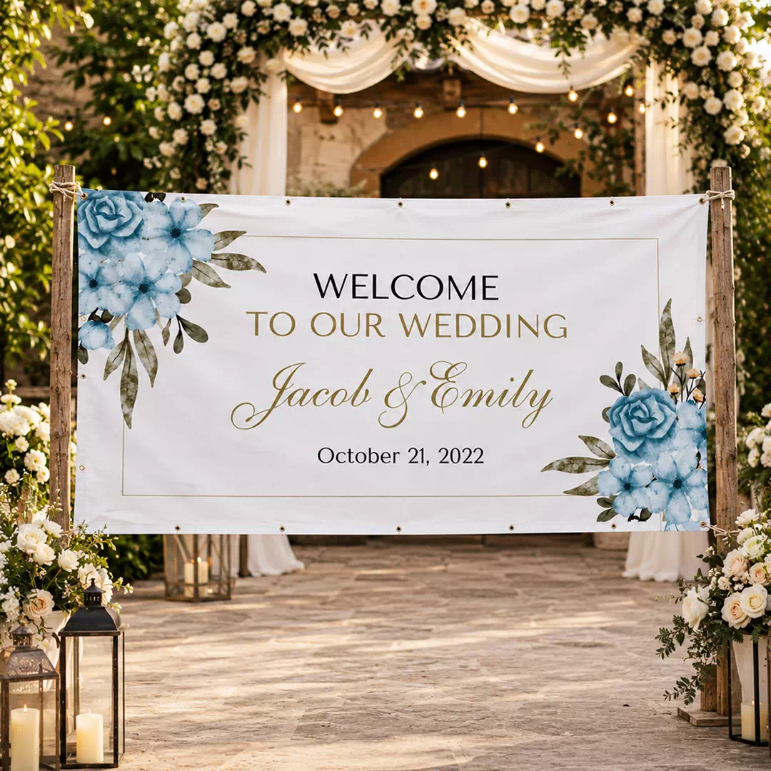 White and Blue Floral Wedding Welcome Banner - Image 2