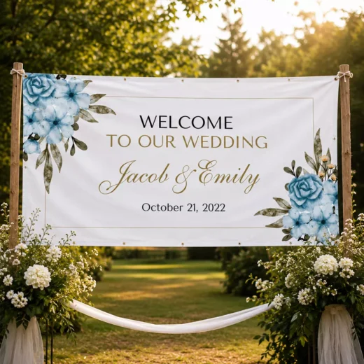 White and Blue Floral Wedding Welcome Banner