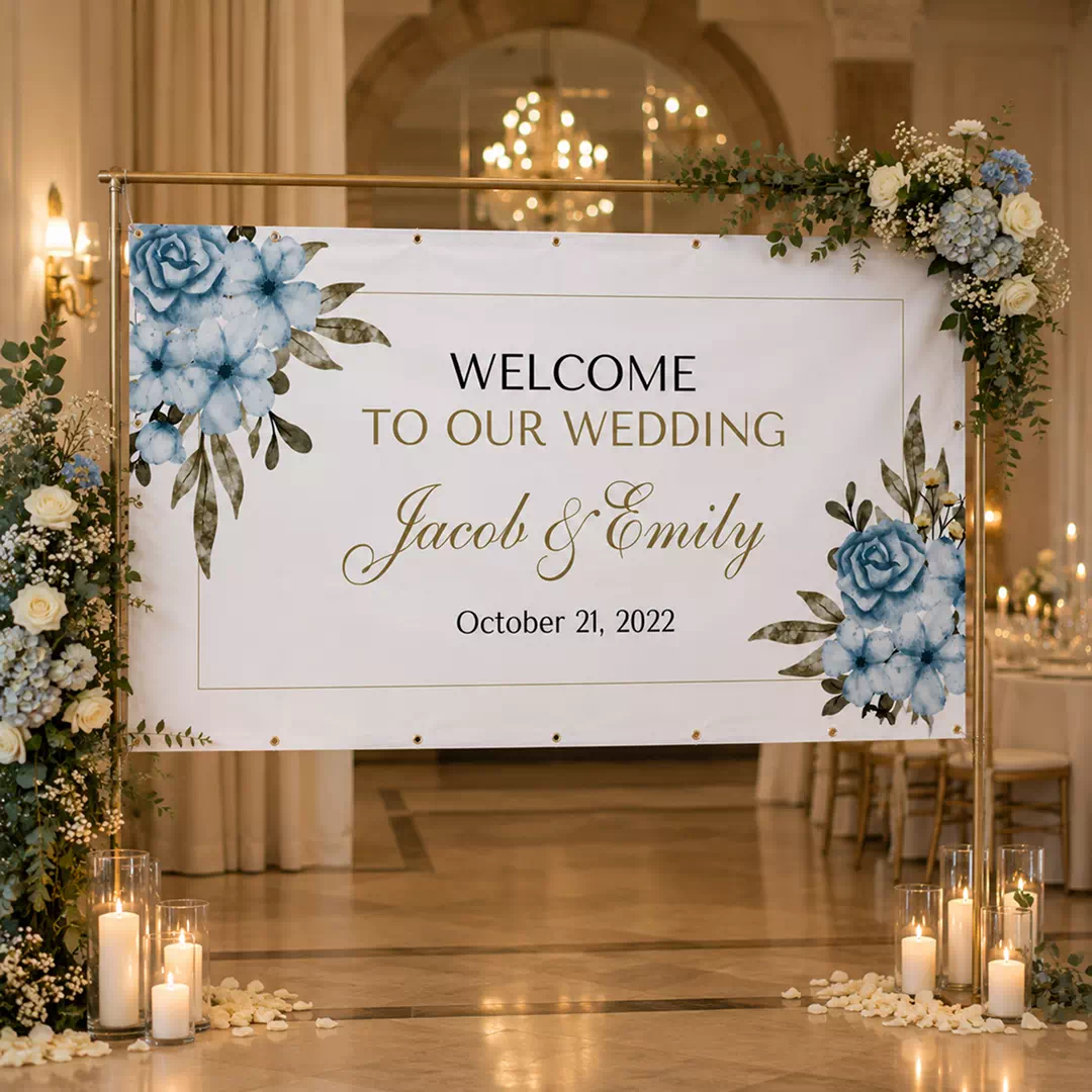 White and Blue Floral Wedding Welcome Banner - Image 4