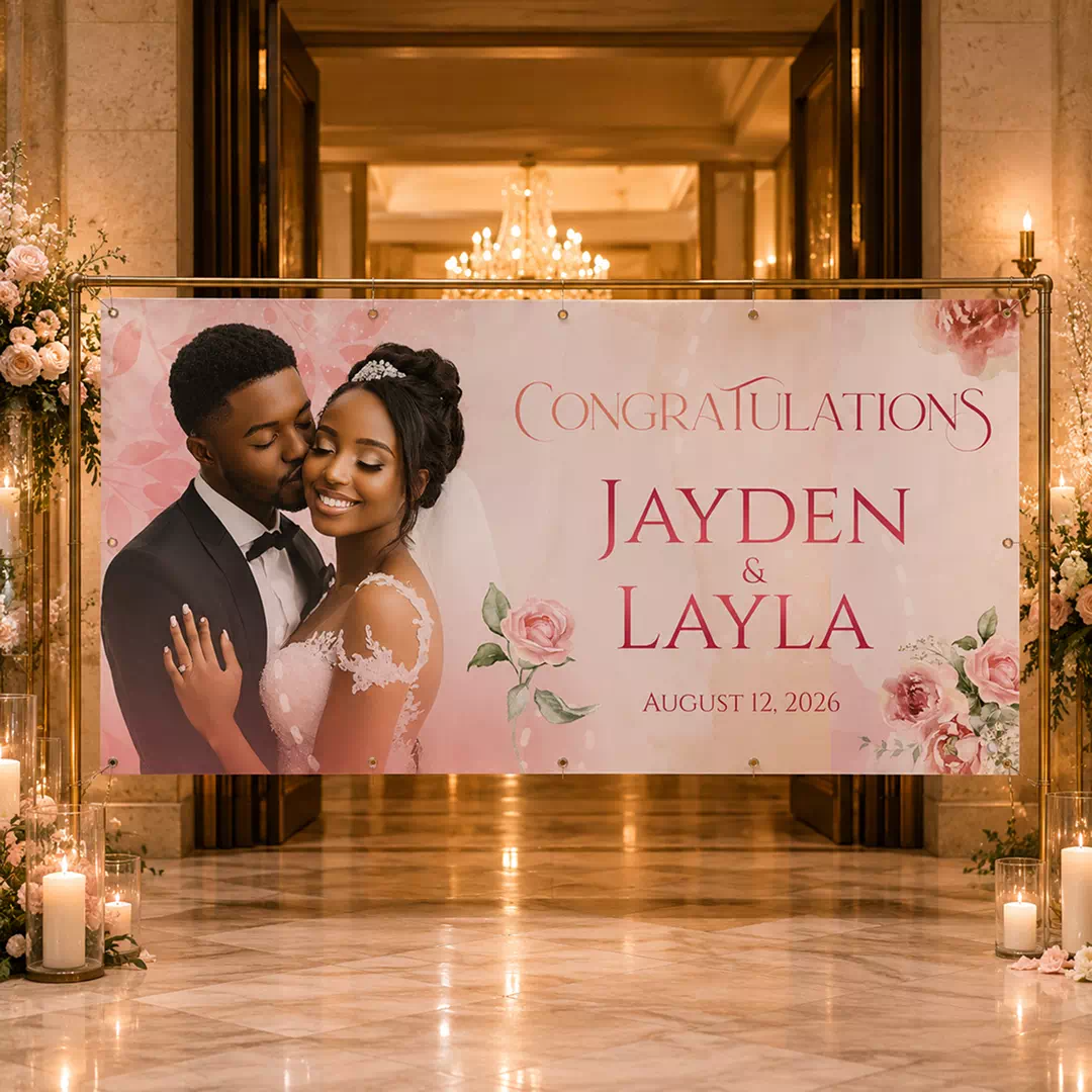 Blush Floral Photo Wedding Congratulations Banner - Image 3