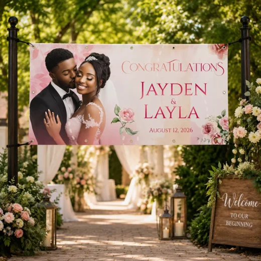 Blush Floral Photo Wedding Congratulations Banner