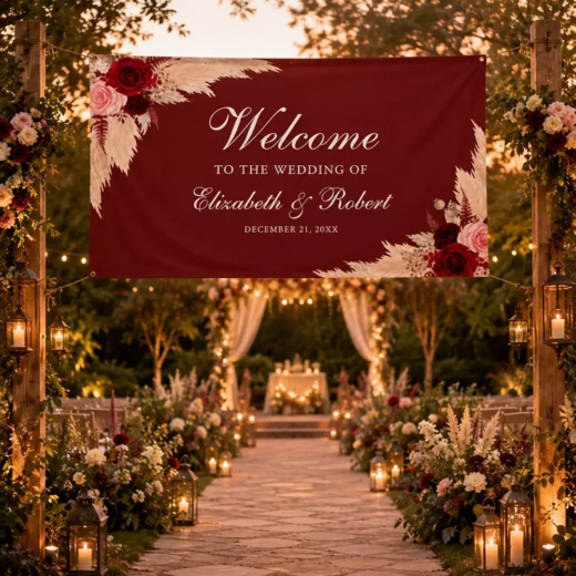 Burgundy Floral Wedding Welcome Banner