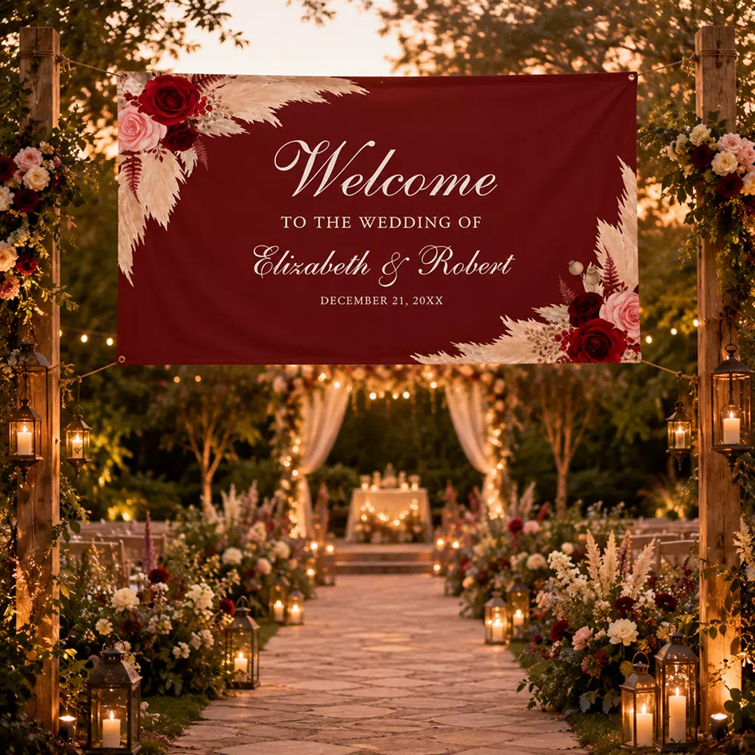Burgundy Floral Wedding Welcome Banner