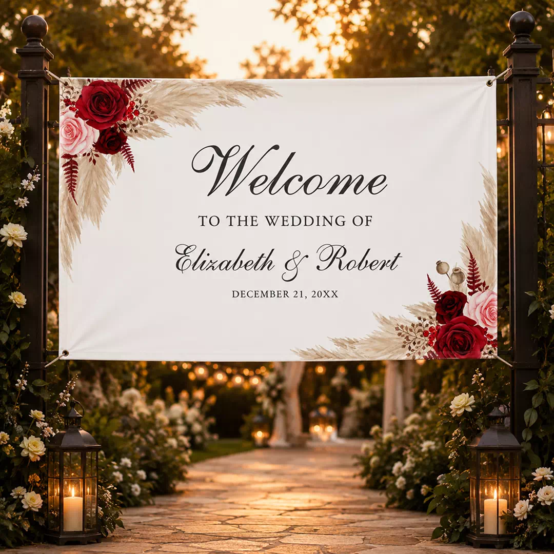 Burgundy Rose Wedding Welcome Banner