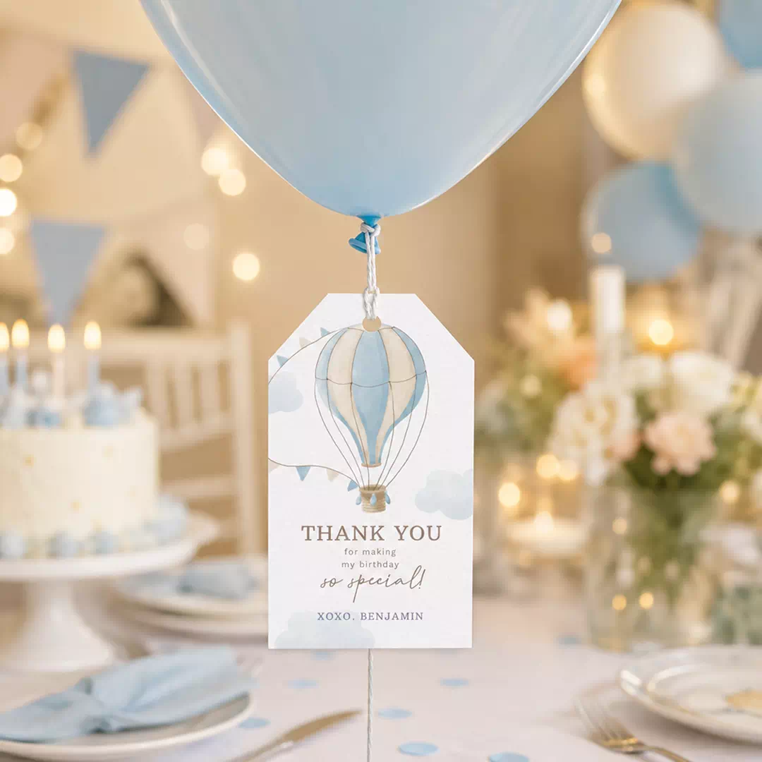 Blue Hot Air Balloon Thank You Balloon Tags