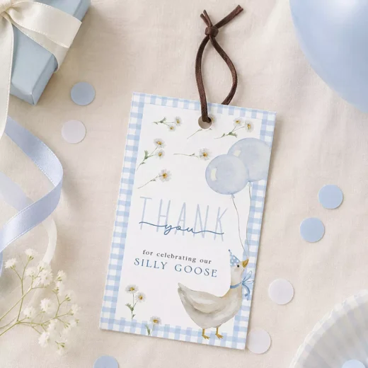 Blue Gingham Silly Goose Thank You Balloon Tags