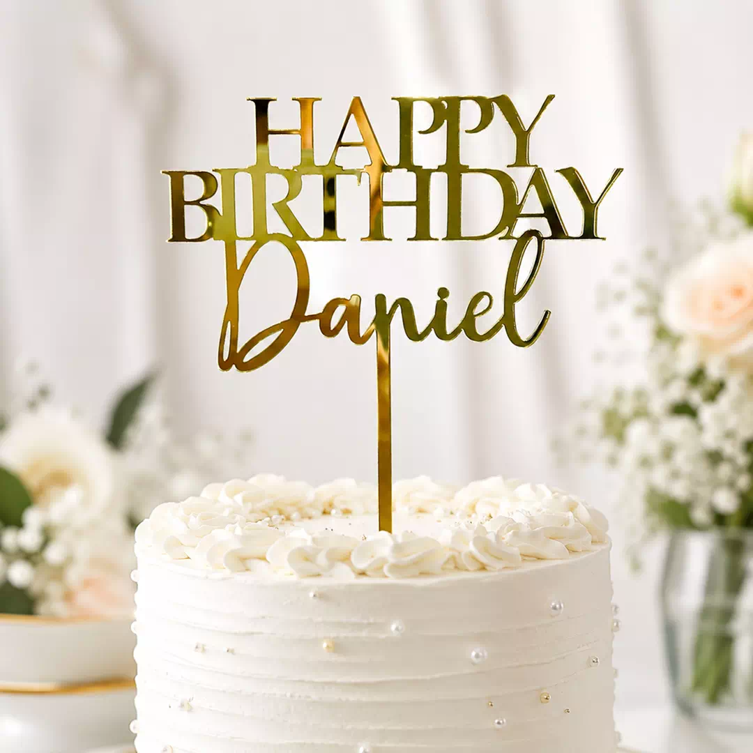 Personalised Happy Birthday Gold Script Topper – Custom Gold Cake Topper UAE - Image 3