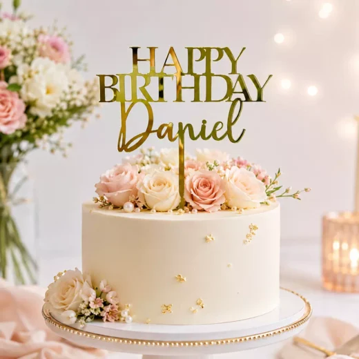Personalised Happy Birthday Gold Script Topper – Custom Gold Cake Topper UAE