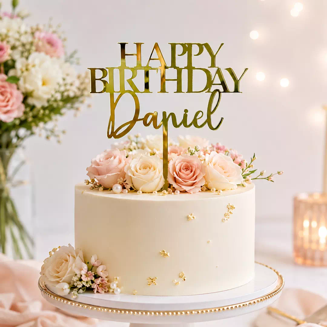 Personalised Happy Birthday Gold Script Topper – Custom Gold Cake Topper UAE