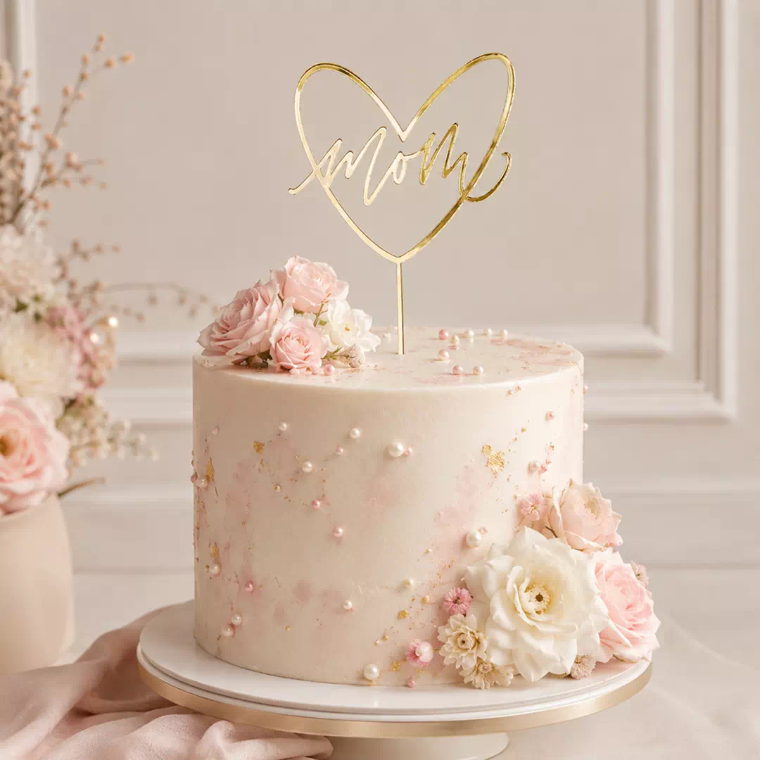 Mom Gold Heart Script Topper – Custom Gold Cake Topper UAE - Image 2