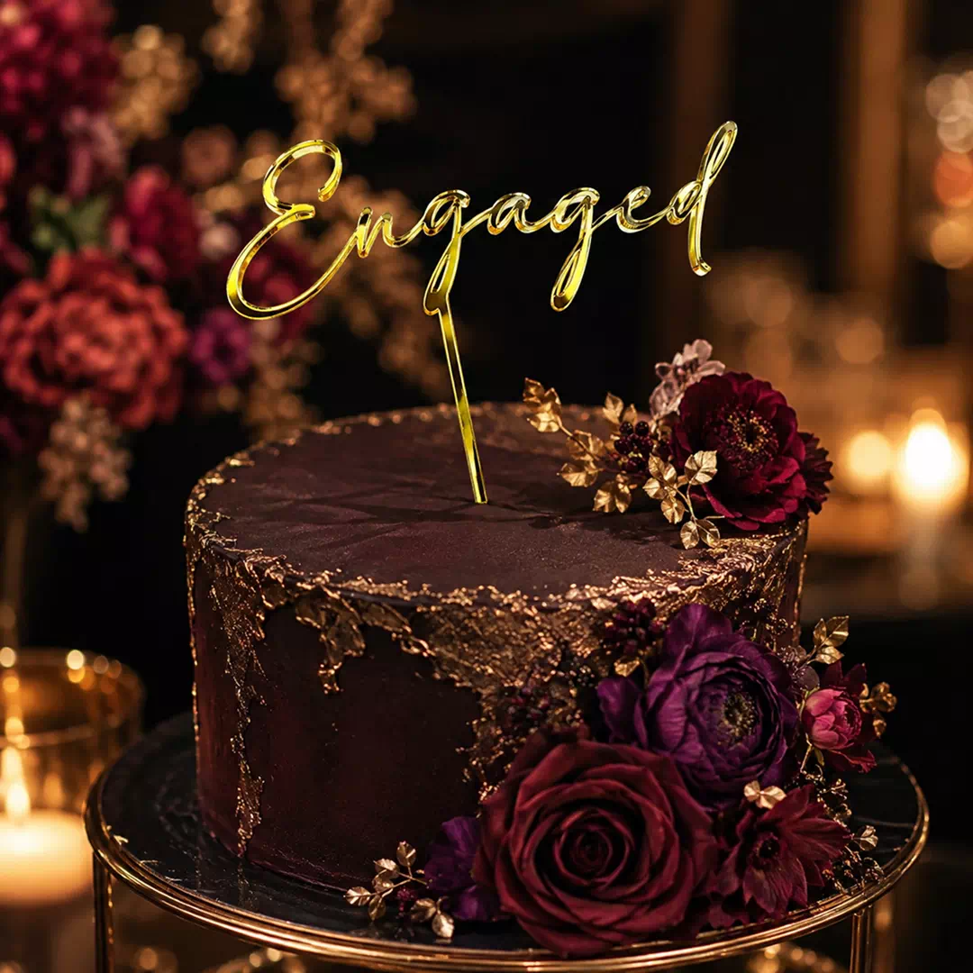 Engaged Gold Script Topper – Custom Gold Cake Topper UAE