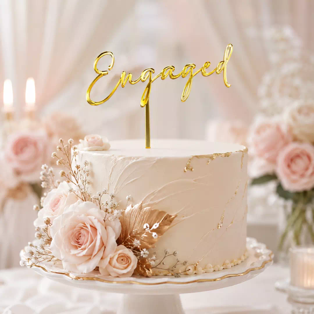 Engaged Gold Script Topper – Custom Gold Cake Topper UAE - Image 3