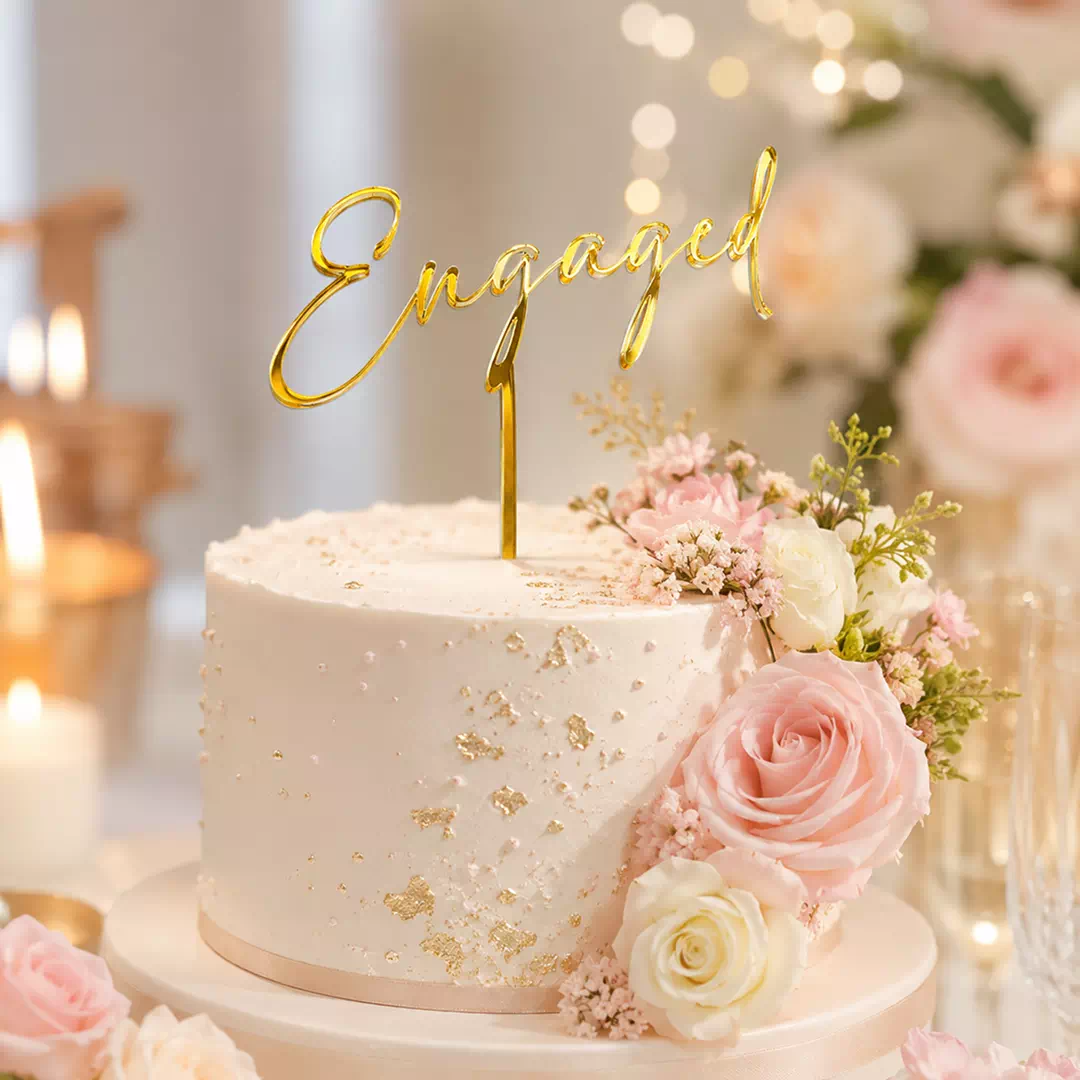 Engaged Gold Script Topper – Custom Gold Cake Topper UAE - Image 4