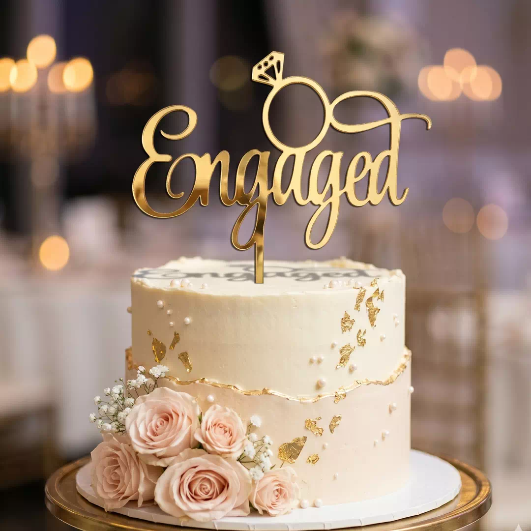 Engaged Elegant Gold Script Topper – Custom Gold Cake Topper UAE - Image 2