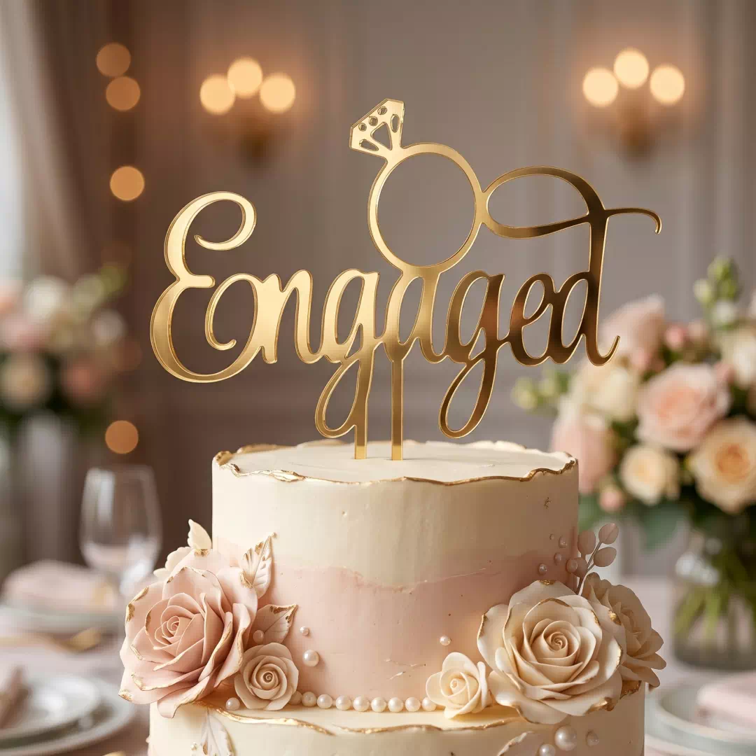 Engaged Elegant Gold Script Topper – Custom Gold Cake Topper UAE - Image 3