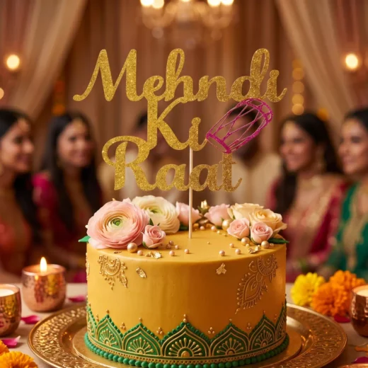 Mehndi Ki Raat Ring Gold Script Topper – Custom Gold Cake Topper UAE