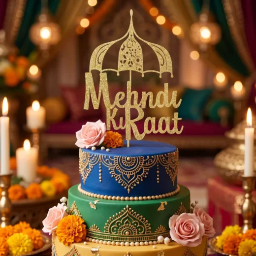 Mehndi Ki Raat Arch Gold Script Topper – Custom Gold Cake Topper UAE