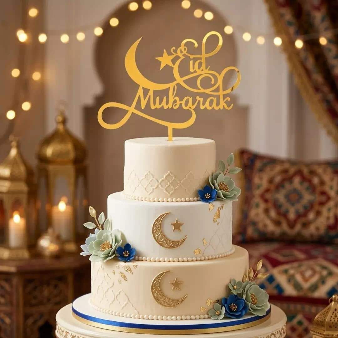 Eid Crescent Moon Gold Script Cake Topper – Custom Gold Cake Topper UAE - Image 2