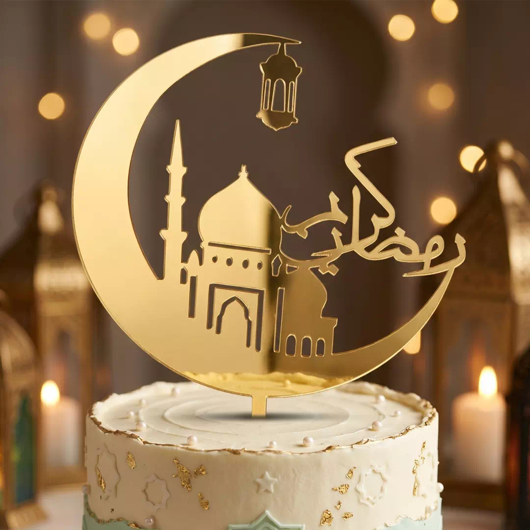 Ramadan Crescent Moon & Star Cake Topper – Custom Gold Cake Topper UAE - Image 2