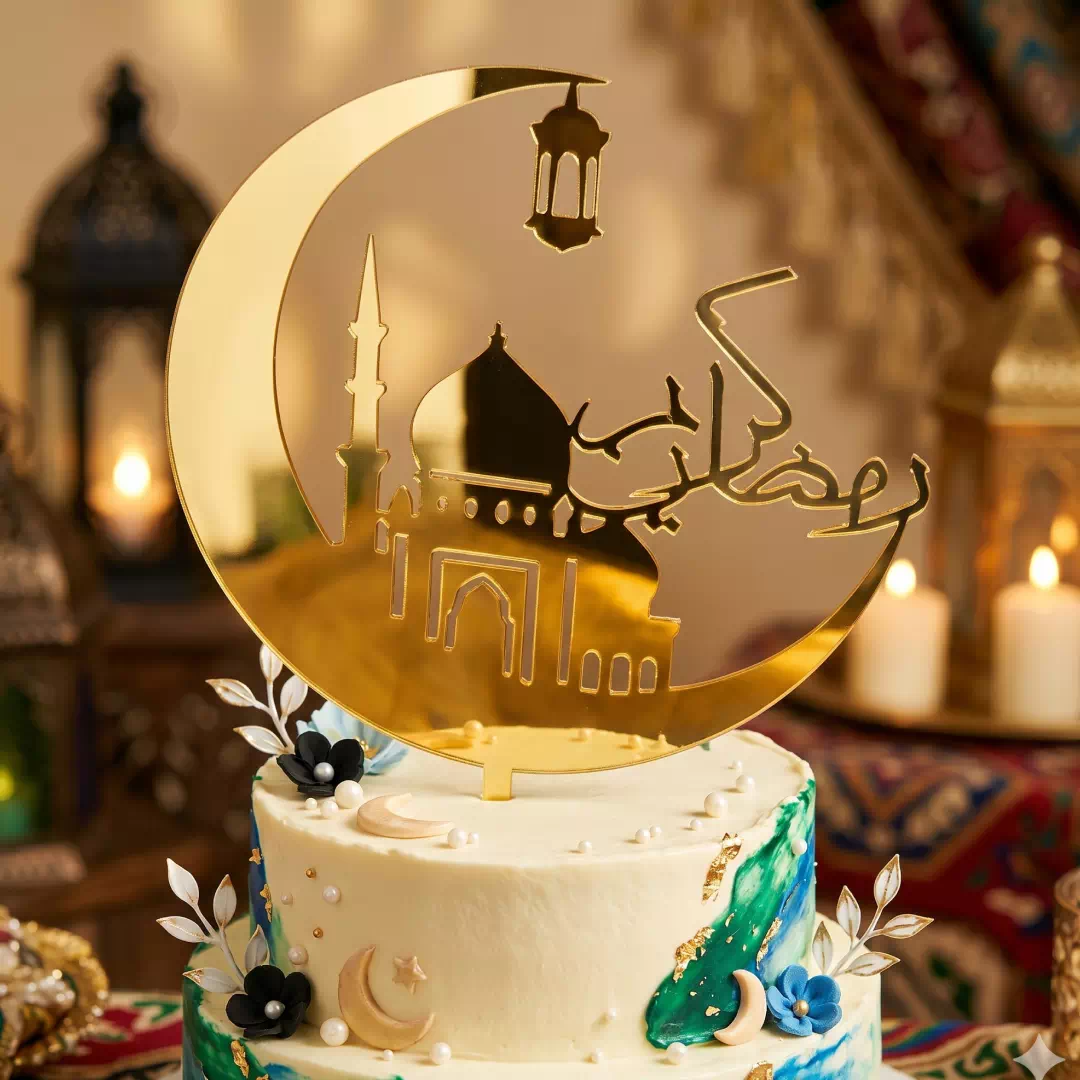 Ramadan Crescent Moon & Star Cake Topper – Custom Gold Cake Topper UAE - Image 3