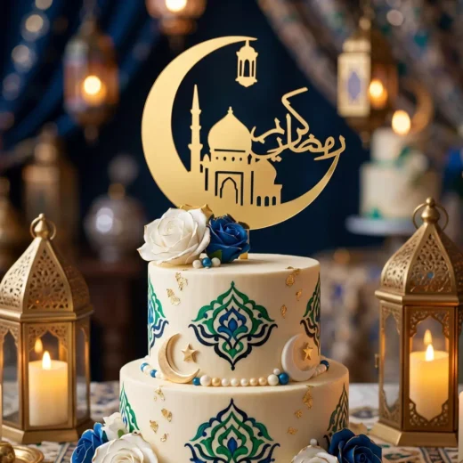 Ramadan Crescent Moon & Star Cake Topper – Custom Gold Cake Topper UAE
