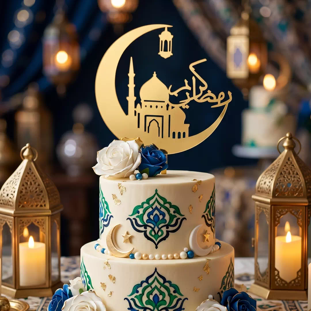 Ramadan Crescent Moon & Star Cake Topper – Custom Gold Cake Topper UAE