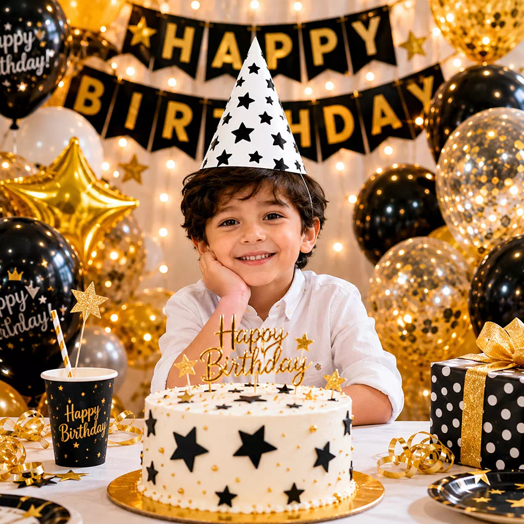 Black Gold Star Party Hat – Custom Printed Birthday Party Hats UAE