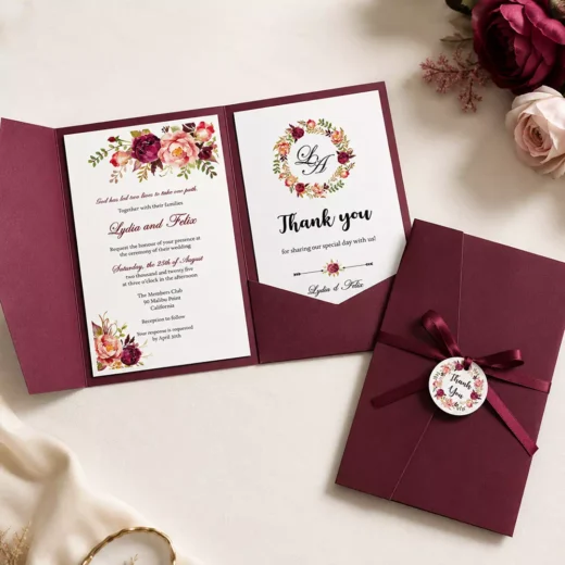 Burgundy Floral Wreath Invitation Suite – Luxury Custom Wedding Invitations UAE
