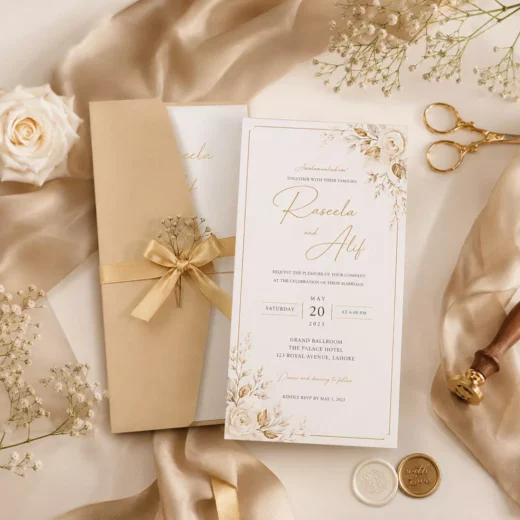 Gold Bow Script Wedding Invitation – Luxury Custom Wedding Invitations UAE