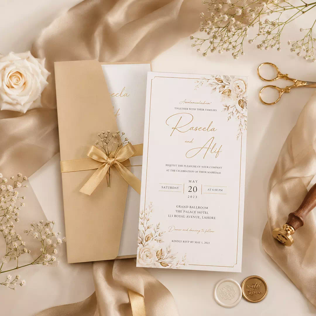 Gold Bow Script Wedding Invitation – Luxury Custom Wedding Invitations UAE