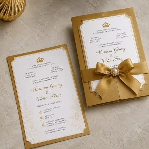 Gold Ribbon Bow Wedding Invitation Suite – Luxury Custom Wedding Invitations UAE