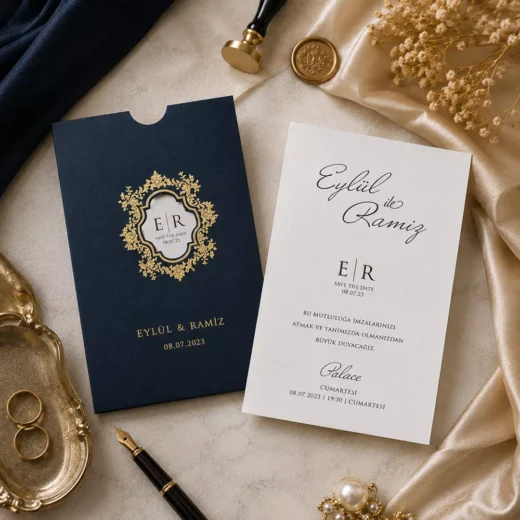 Navy Gold Crest Wedding Invitation – Luxury Custom Wedding Invitations UAE