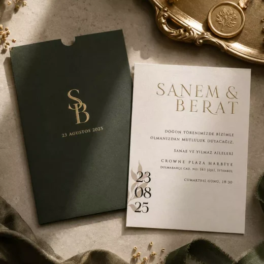 Dark Green Monogram Date Invitation – Luxury Custom Wedding Invitations UAE