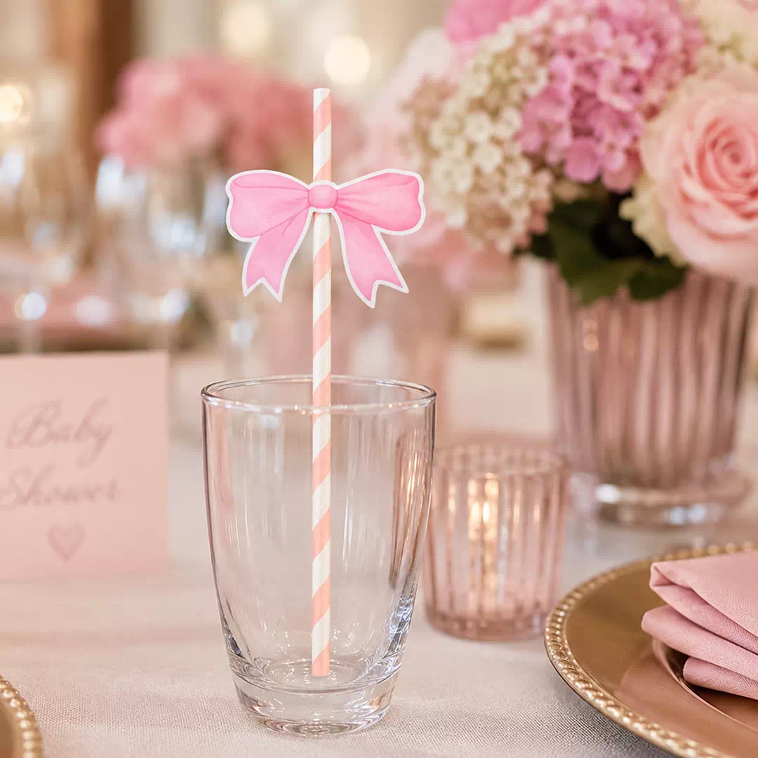 Pink Bow Baby Shower Straw Toppers – Custom Printed Drink Toppers UAE - Image 2