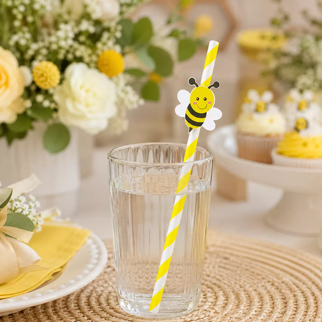 Bee Yellow Striped Straw Toppers – Custom Printed Drink Toppers UAE - Image 3