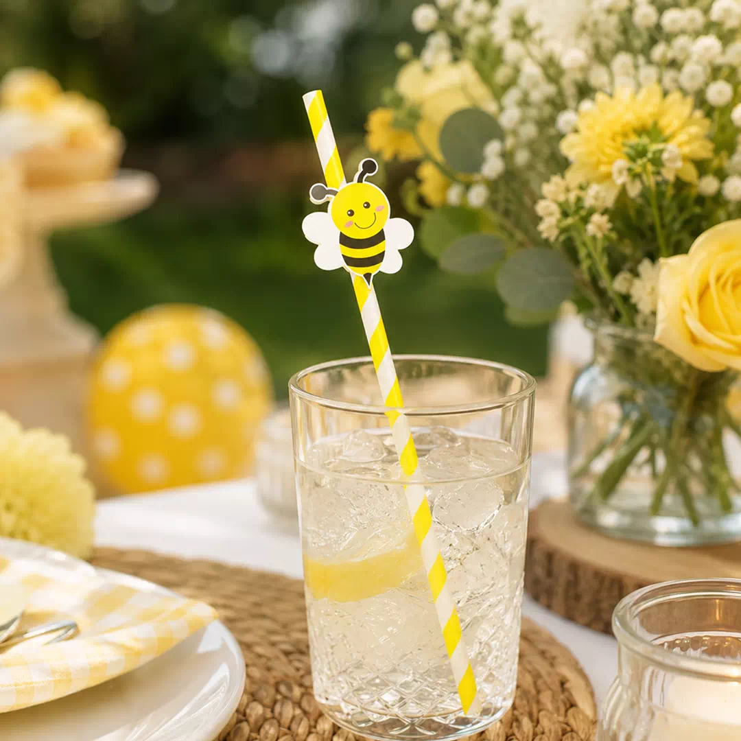 Bee Yellow Striped Straw Toppers – Custom Printed Drink Toppers UAE