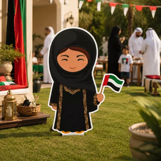 Illustrated Emirati Girl in Traditional Black Abaya with UAE Flag Character Cutout