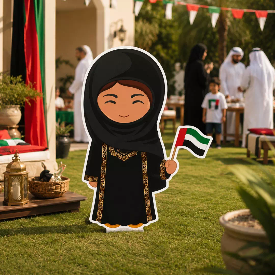 Illustrated Emirati Girl in Traditional Black Abaya with UAE Flag Character Cutout