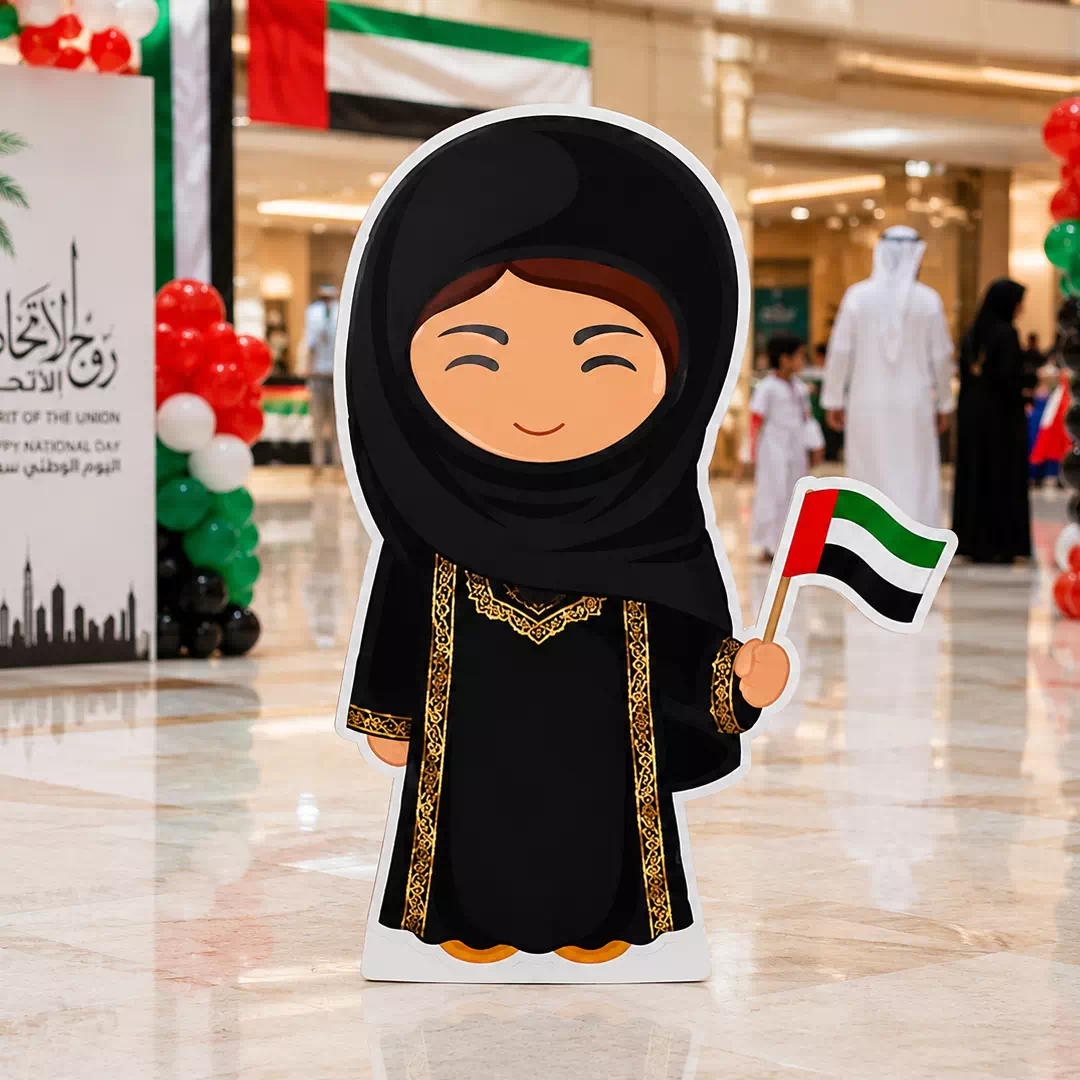 Illustrated Emirati Girl in Traditional Black Abaya with UAE Flag Character Cutout - Image 4