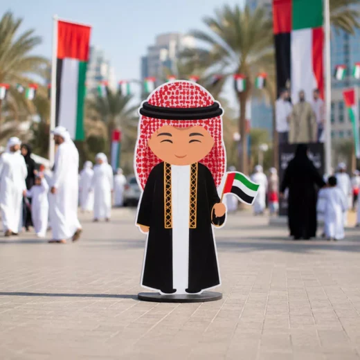 Illustrated Emirati Boy in Traditional Attire with UAE Flag Character Cutout