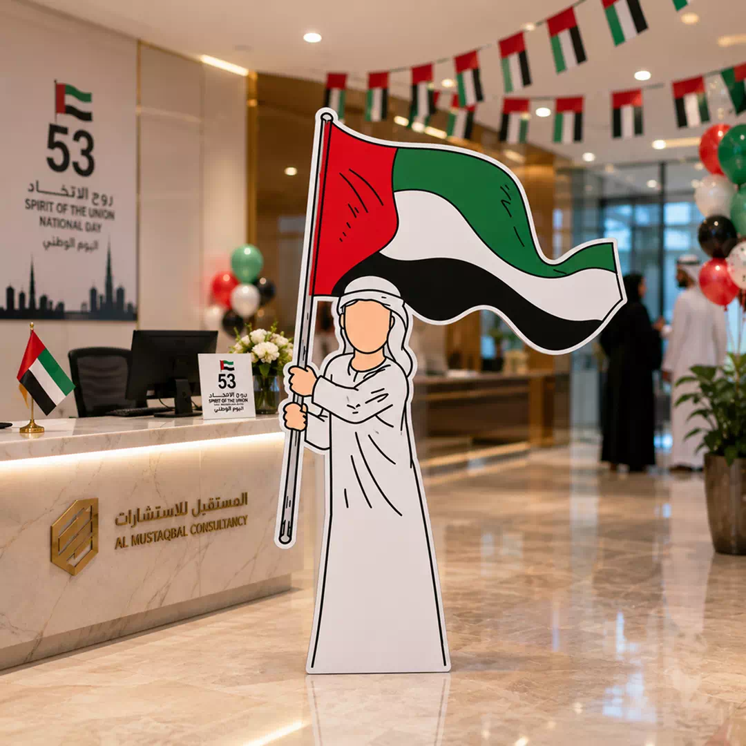 Illustrated Emirati Man in White Kandura Holding Large UAE Flag Character Cutout - Image 2