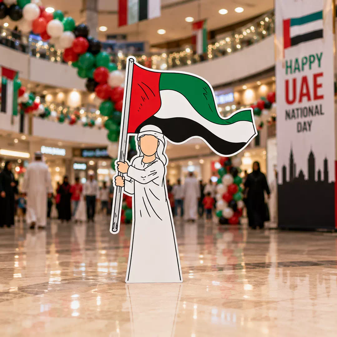 Illustrated Emirati Man in White Kandura Holding Large UAE Flag Character Cutout - Image 3