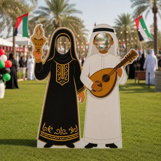 Emirati Heritage Couple in Traditional Attire with Oud and Incense Photo Booth Cutout Set