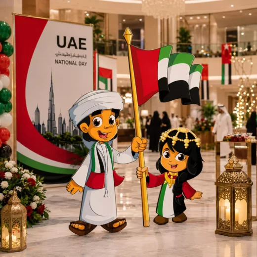 Illustrated Emirati Children in Traditional Attire Holding UAE Flags Cutout Set